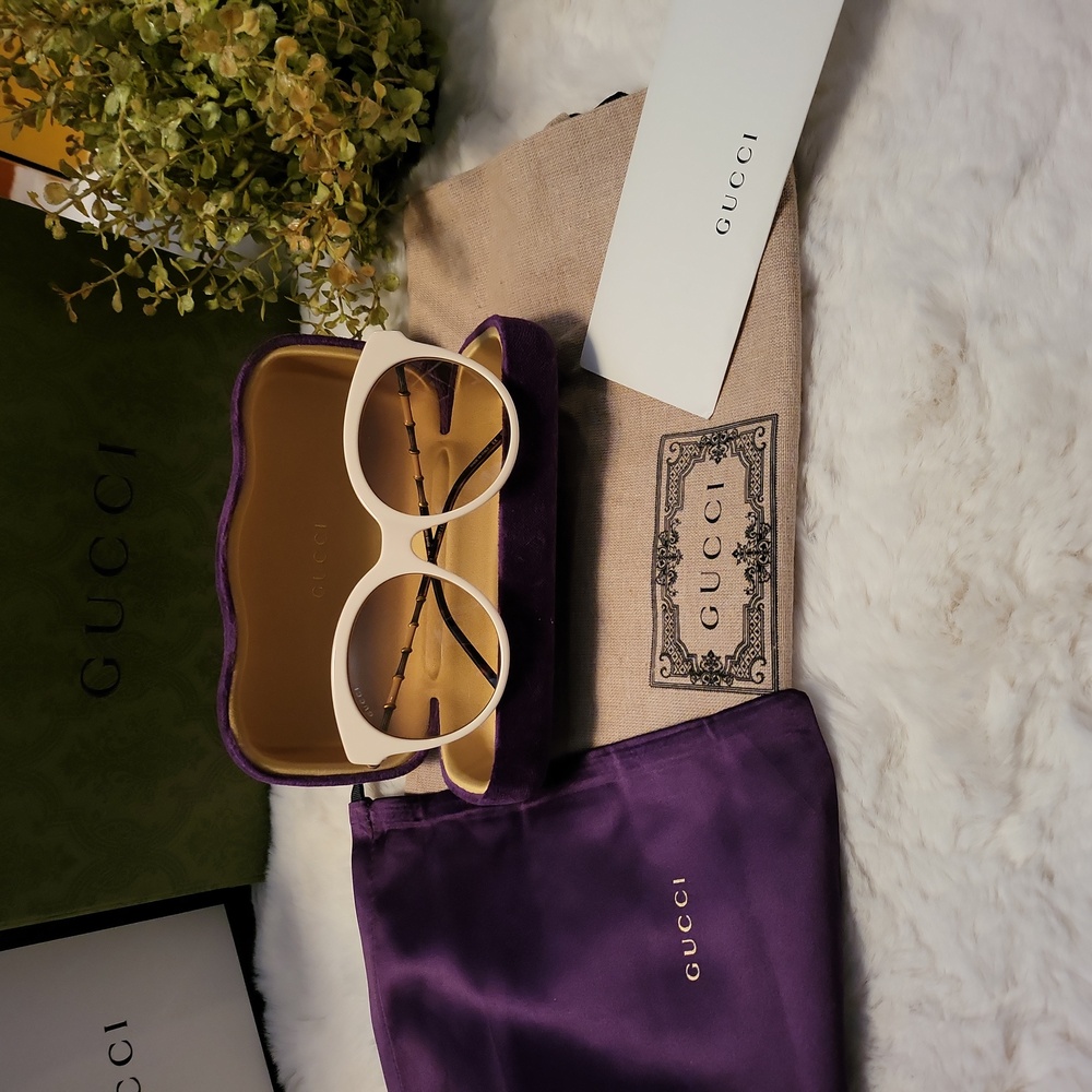 GUCCI 55mm Ivory Round Cat Eye With Bamboo Arms & Brown Lens Sunglasses